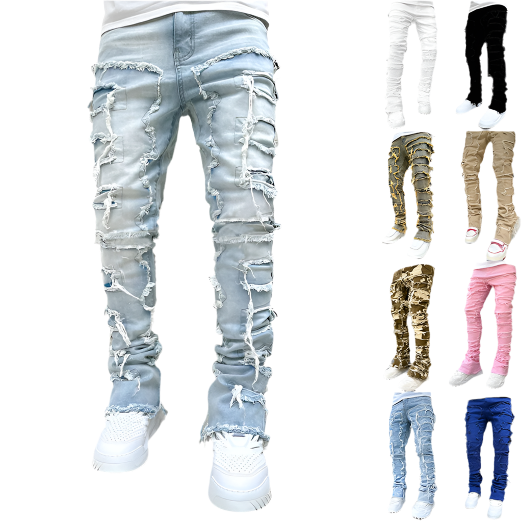 Men Trousers Individual Patched Pants Long Tight Fit Stacked Jeans for Mens Clothing